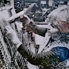 Robotron woman worker Regine Hahn 1979,  lightbox, 56x10x56cm, wood, LED, b/w photography