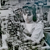 Robotron woman worker Antje Heilmann 1988, lightbox, 56x10x56cm, wood, LED, b/w photography